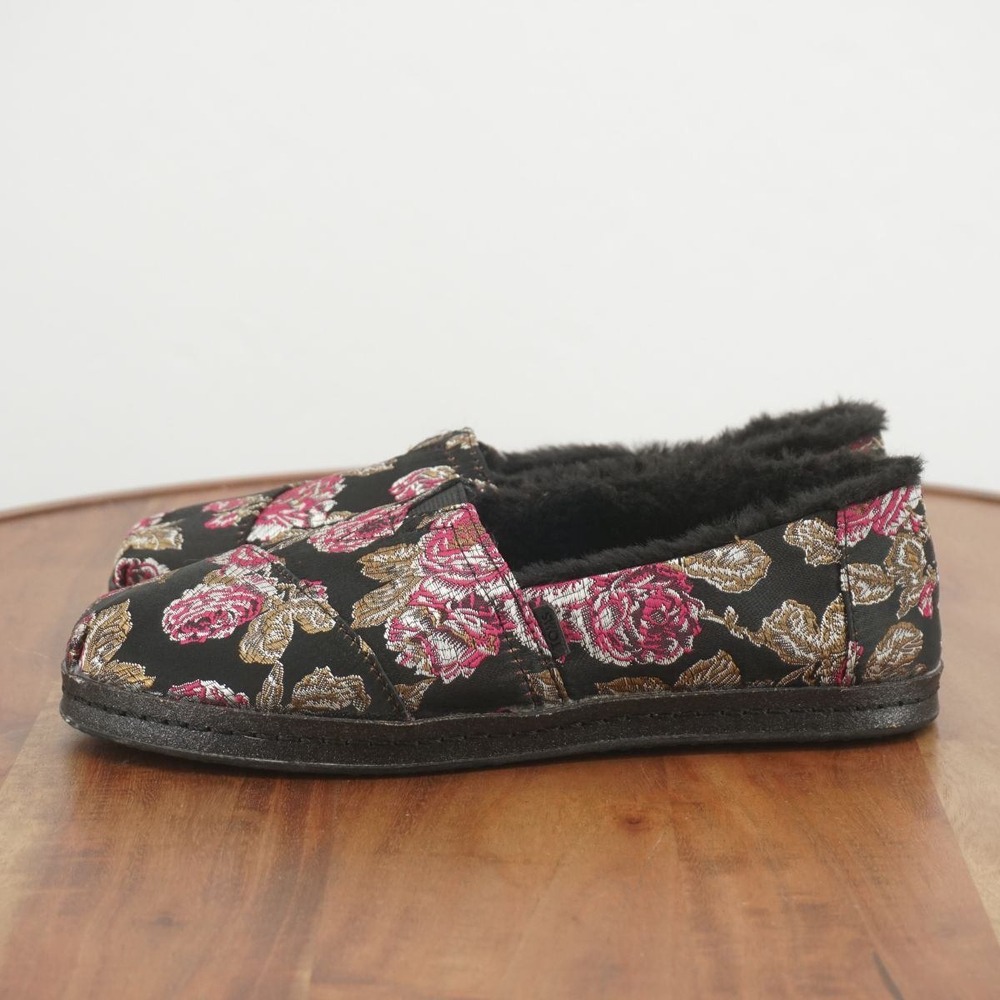 TOMS Floral Slippers Faux Fur Lined Slip On Comfort Shoes Floral Satin Womens 6 - Picture 4 of 9